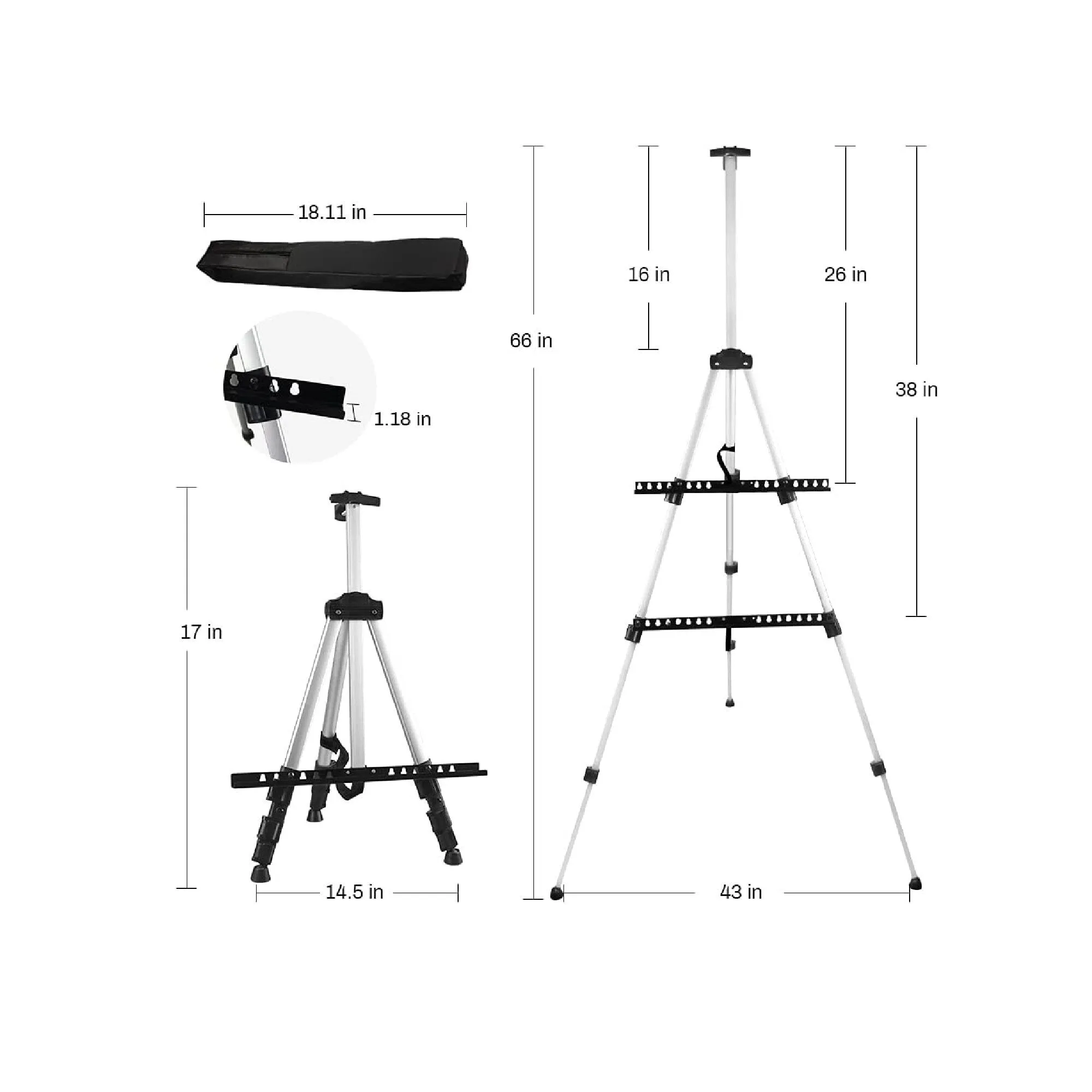 Artist Easel Stand | RRFTOK Aluminum Metal Tripod Adjustable Easel for Painting Canvases Height from 17 to 66 Inch