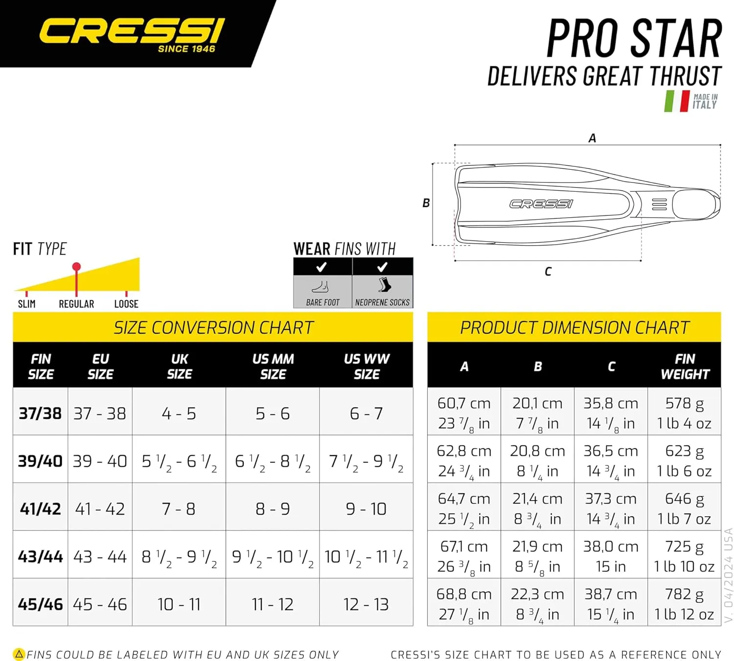 Cressi Adult Reactive Full Foot Pocket Scuba Diving Fins - Pro Star: Made in Italy