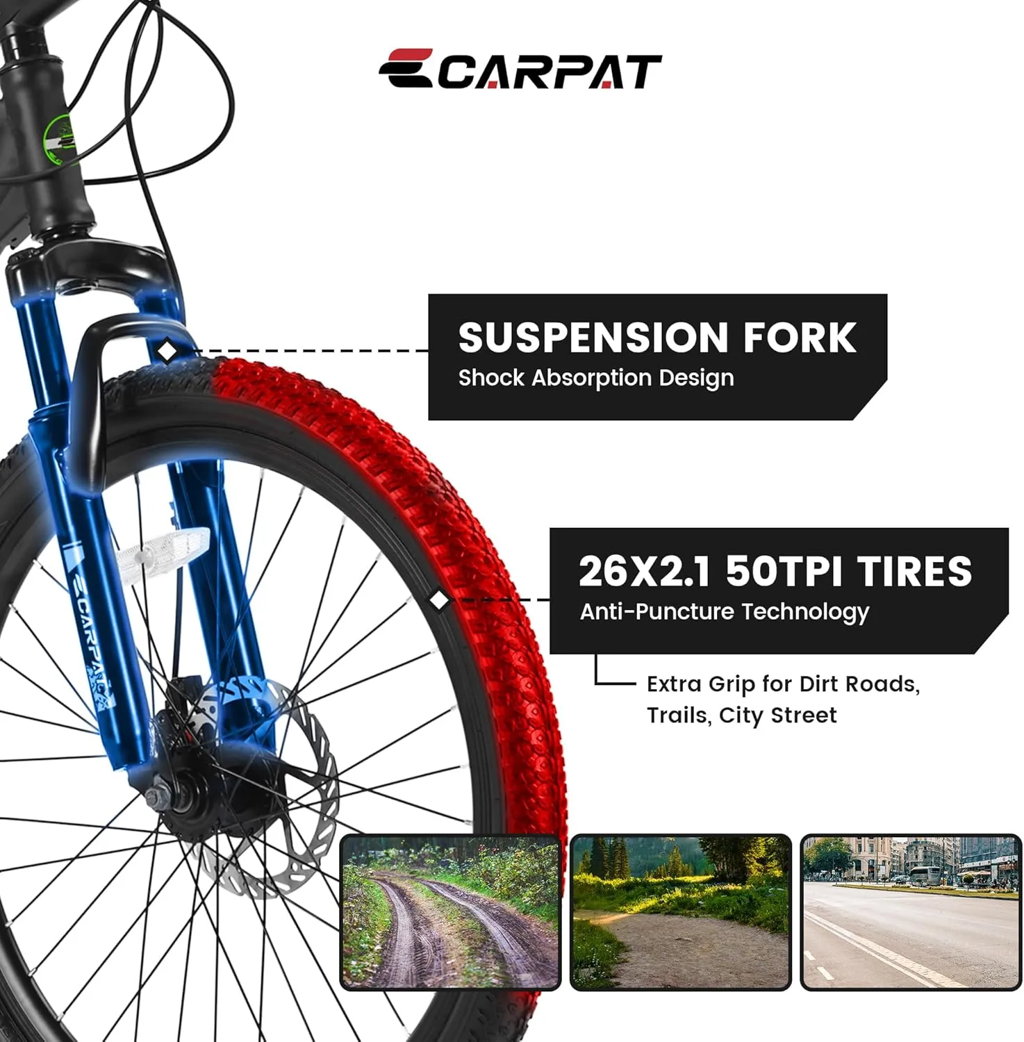 Ecarpat 24/26/27.5 Inch Mountain Bike, Dual/Front Suspension Mens Mountain Bike with 21 Speeds High-Carbon Steel Frame and Disc/V Brakes, Adult Sport Bicycle for Trail Snow Commuter City Road