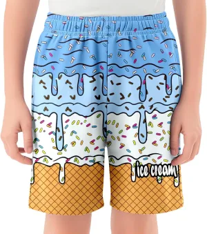 Ice Cream Boys Swim Trunks Summer Cute Preppy Ice Cream Drip Baseball Shorts Casual Elastic Waist Short-Pants with Pockets