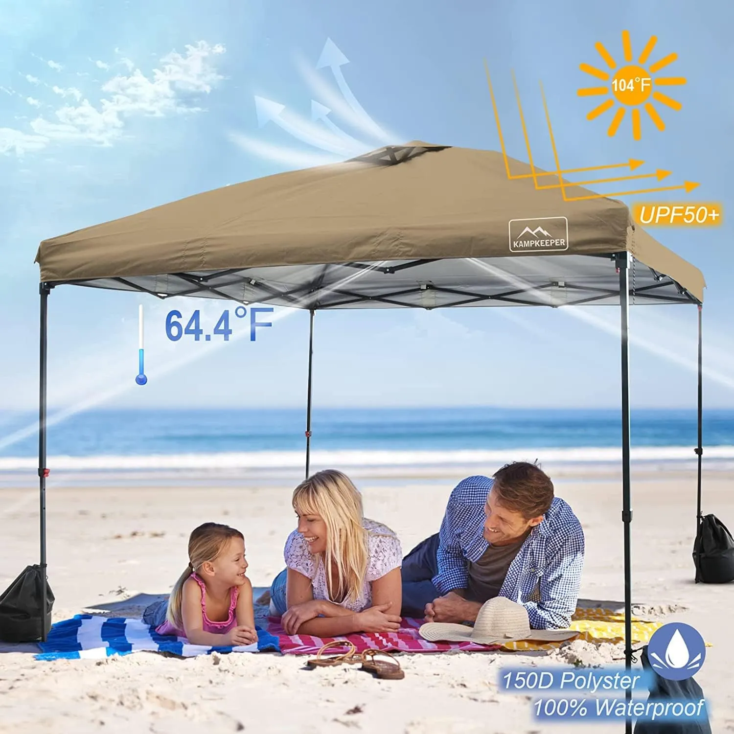KAMPKEEPER 10x10 Pop Up Commercial Canopy Tent - Waterproof & Portable Outdoor Shade with Adjustable Legs, Air Vent, Carry Bag & Sandbags(Khaki)