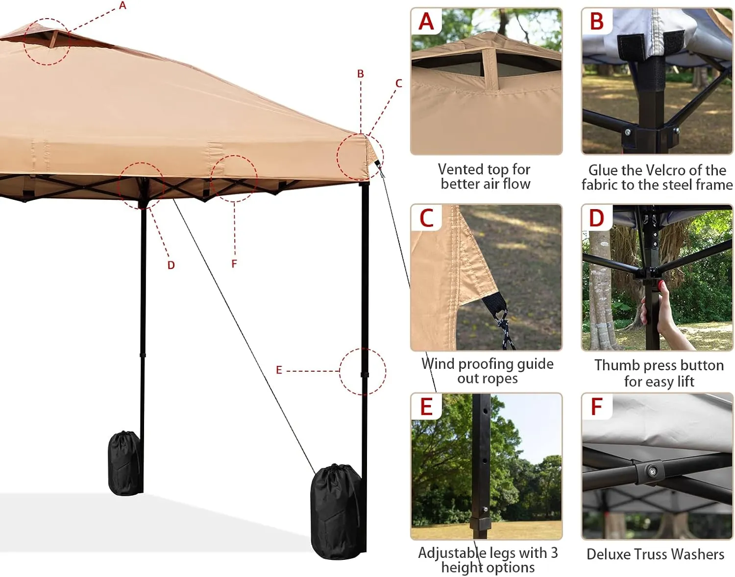 KAMPKEEPER 10x10 Pop Up Commercial Canopy Tent - Waterproof & Portable Outdoor Shade with Adjustable Legs, Air Vent, Carry Bag & Sandbags(Khaki)