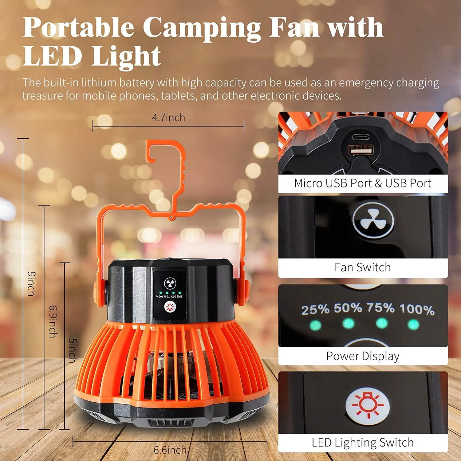 Rechargeable Camping Fan with LED Lantern with IR Remote