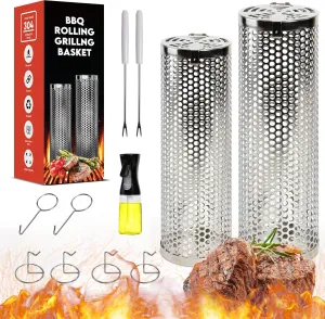 Rolling Grilling Baskets (2 PCS) - 360 Heavy Duty Stainless Steel BBQ Basket, Complete Set for Outdoor Cooking and Party