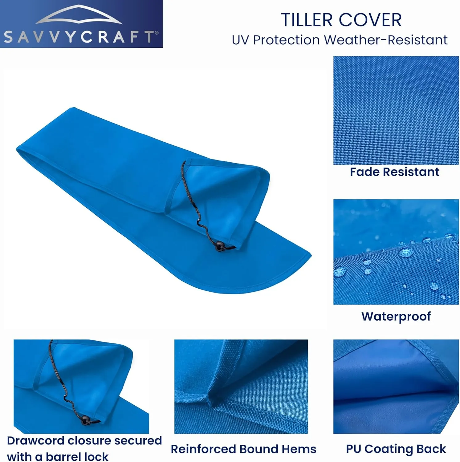 SavvyCraft Waterproof Tiller Cover, 36" Heavy Duty Solution-Dyed 600D Fade-Resistant Sailboat Tiller Cover, UV Protection Weather-Resistant Slip-On Blue Color