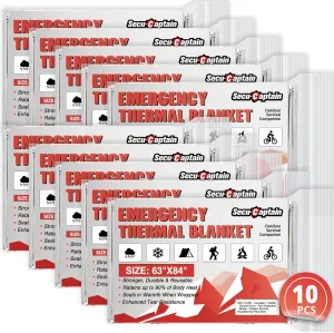 SecuCaptain Survival Emergency Thermal Blankets: Extra Large 84 x63 Space Mylar Blanket Kit for Outdoor Cold Winter Camping Hiking Car Bug Out Bag or First Aid - 10 Pack