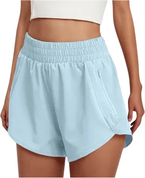 Women's Athletic Shorts High Waisted Running Solid Shorts with Zip Pocket Side Split Short Gym Elastic Workout Pants