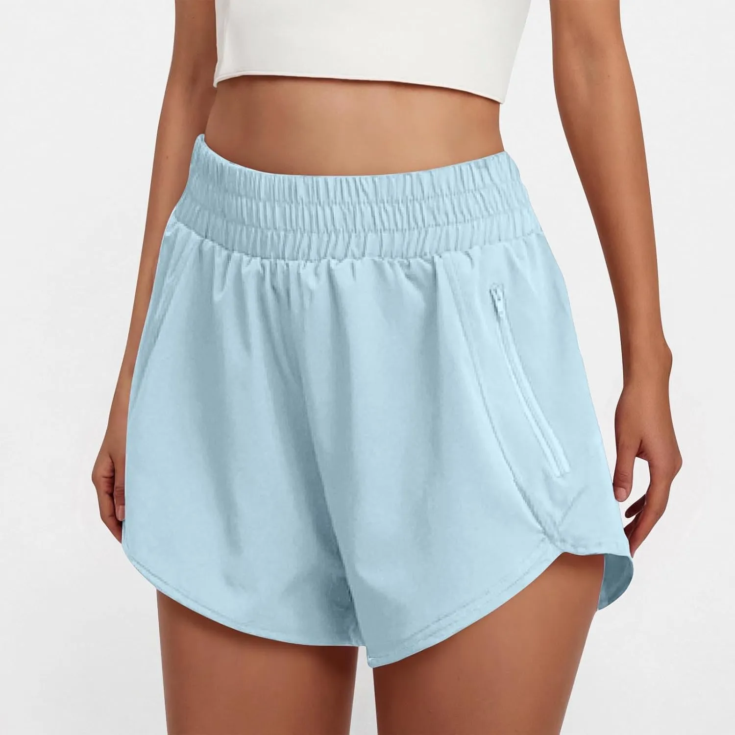 Women's Athletic Shorts High Waisted Running Solid Shorts with Zip Pocket Side Split Short Gym Elastic Workout Pants