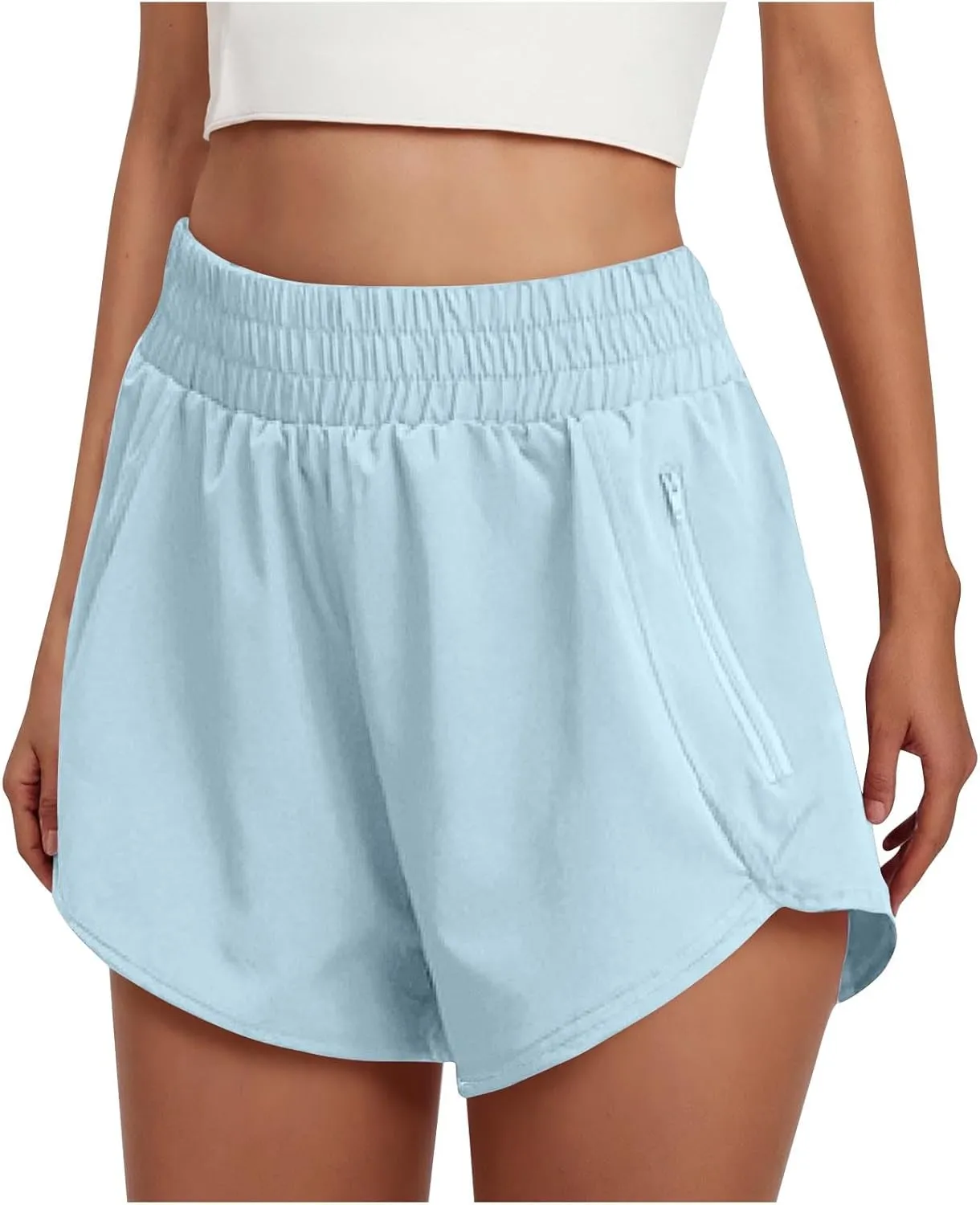 Women's Athletic Shorts High Waisted Running Solid Shorts with Zip Pocket Side Split Short Gym Elastic Workout Pants